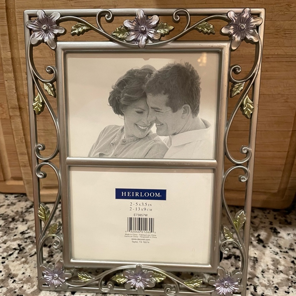 Double Photo Picture Frame Floral Scroll Design Purple Flowers Heirloom